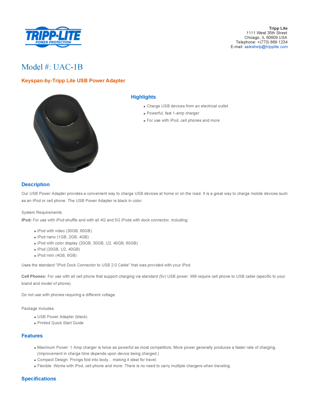 Tripp Lite specifications Model # UAC-1B, Keyspan-by-Tripp Lite USB Power Adapter, Highlights, Description, Features 