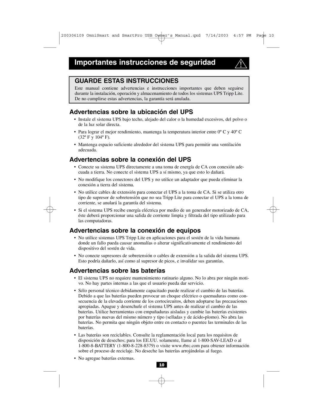 Tripp Lite UL1778 owner manual Importantes instrucciones de seguridad, Advertencias sobre la ubicación del UPS 