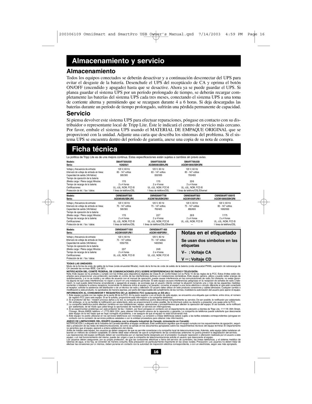 Tripp Lite UL1778 owner manual Almacenamiento, Servicio 