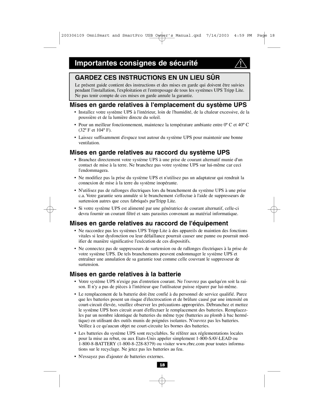 Tripp Lite UL1778 owner manual Importantes consignes de sécurité, Mises en garde relatives à lemplacement du système UPS 