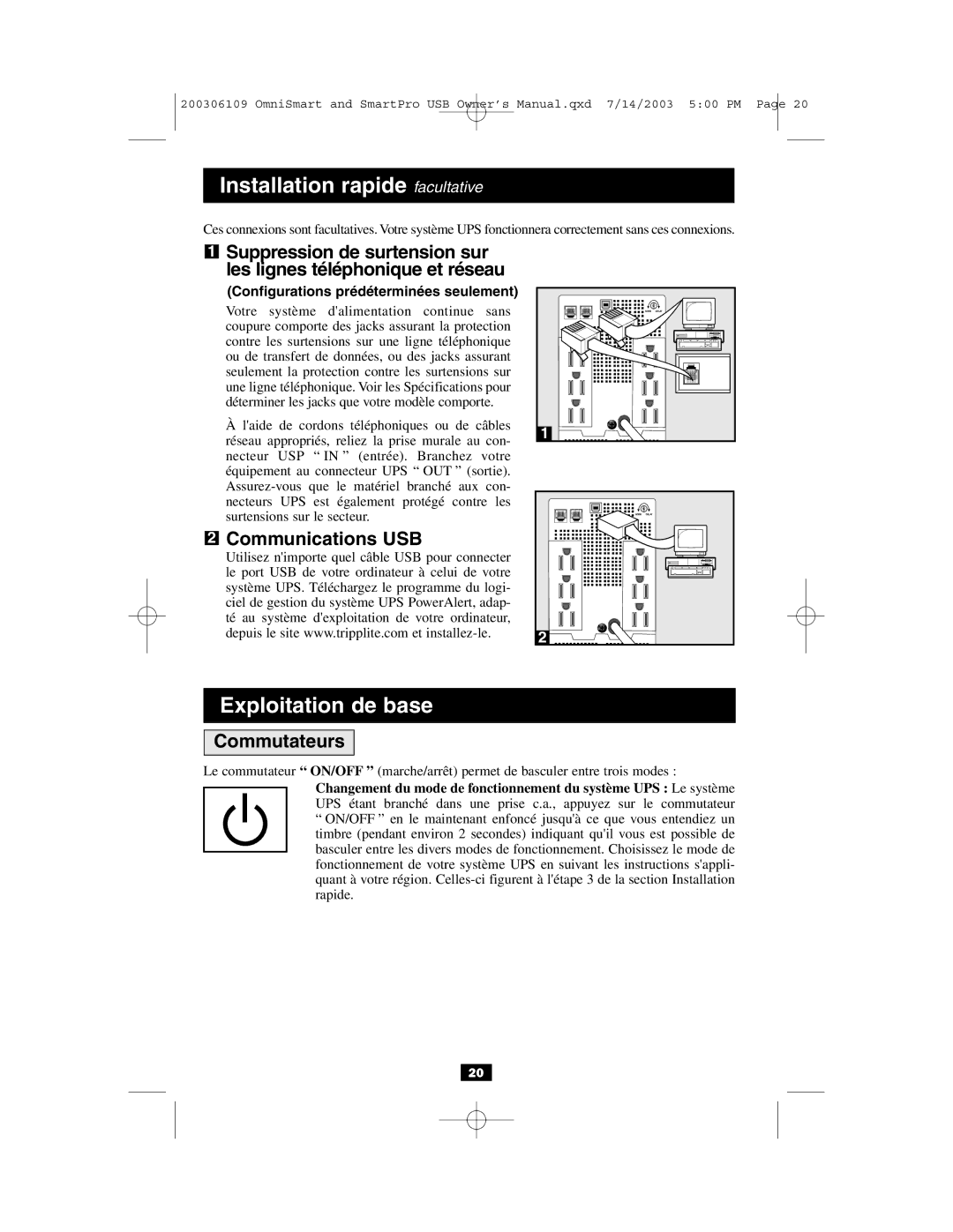 Tripp Lite UL1778 owner manual Installation rapide facultative, Communications USB, Commutateurs 