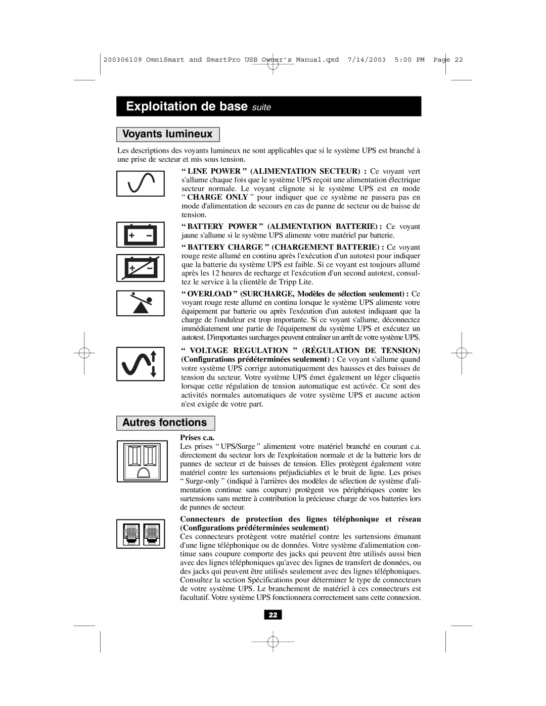 Tripp Lite UL1778 owner manual Voyants lumineux, Autres fonctions, Prises c.a 