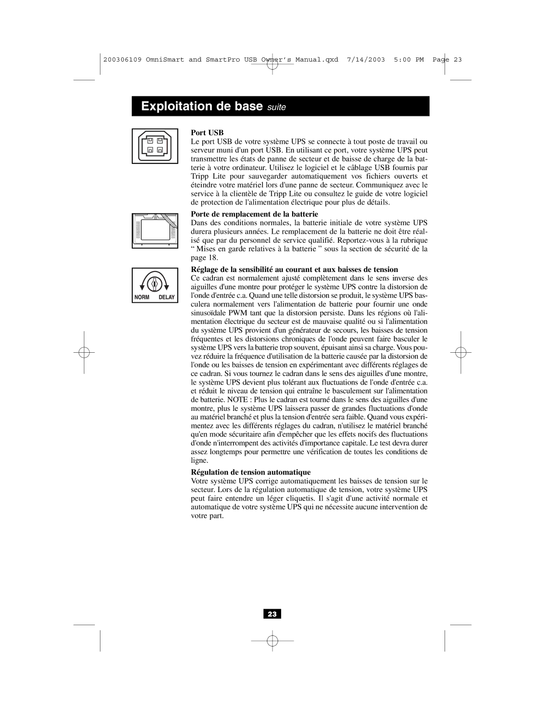 Tripp Lite UL1778 owner manual Port USB, Porte de remplacement de la batterie, Régulation de tension automatique 