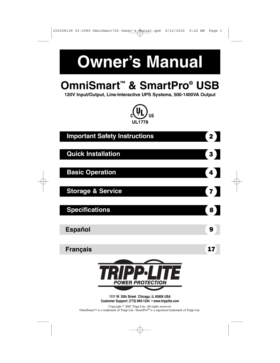 Tripp Lite UL1778 owner manual OmniSmart & SmartPro USB 