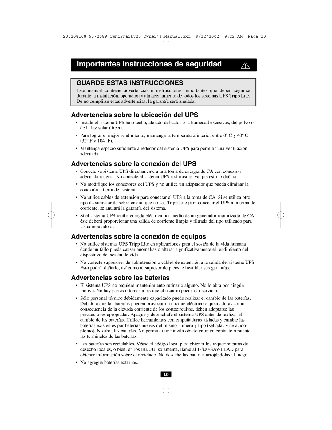 Tripp Lite UL1778 owner manual Importantes instrucciones de seguridad, Advertencias sobre la ubicación del UPS 