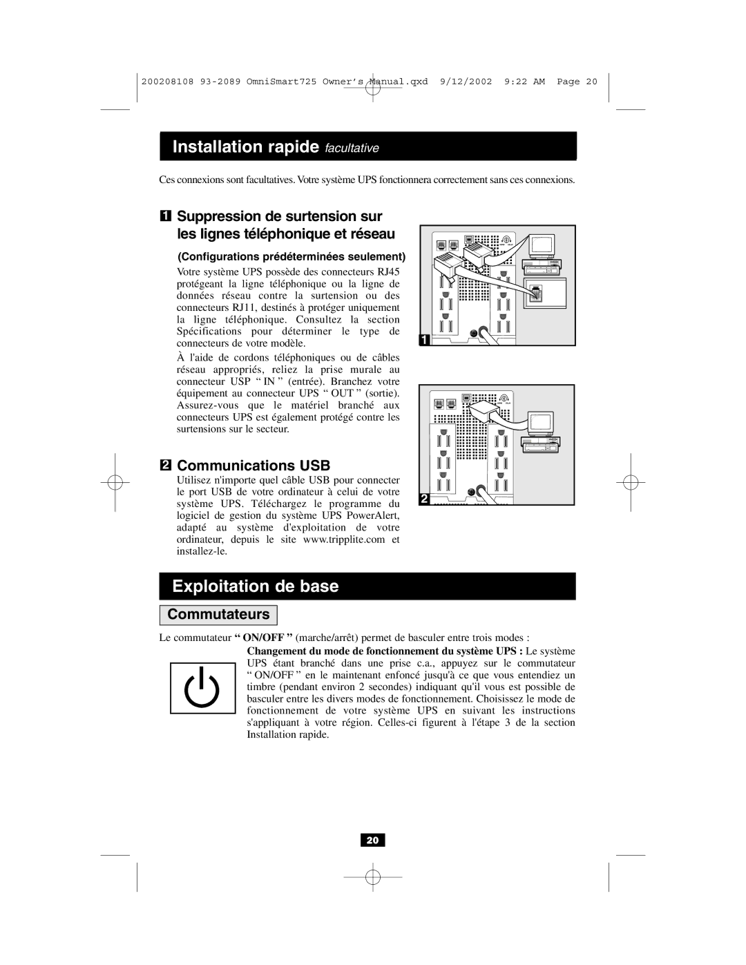 Tripp Lite UL1778 owner manual Installation rapide facultative, Communications USB, Commutateurs 