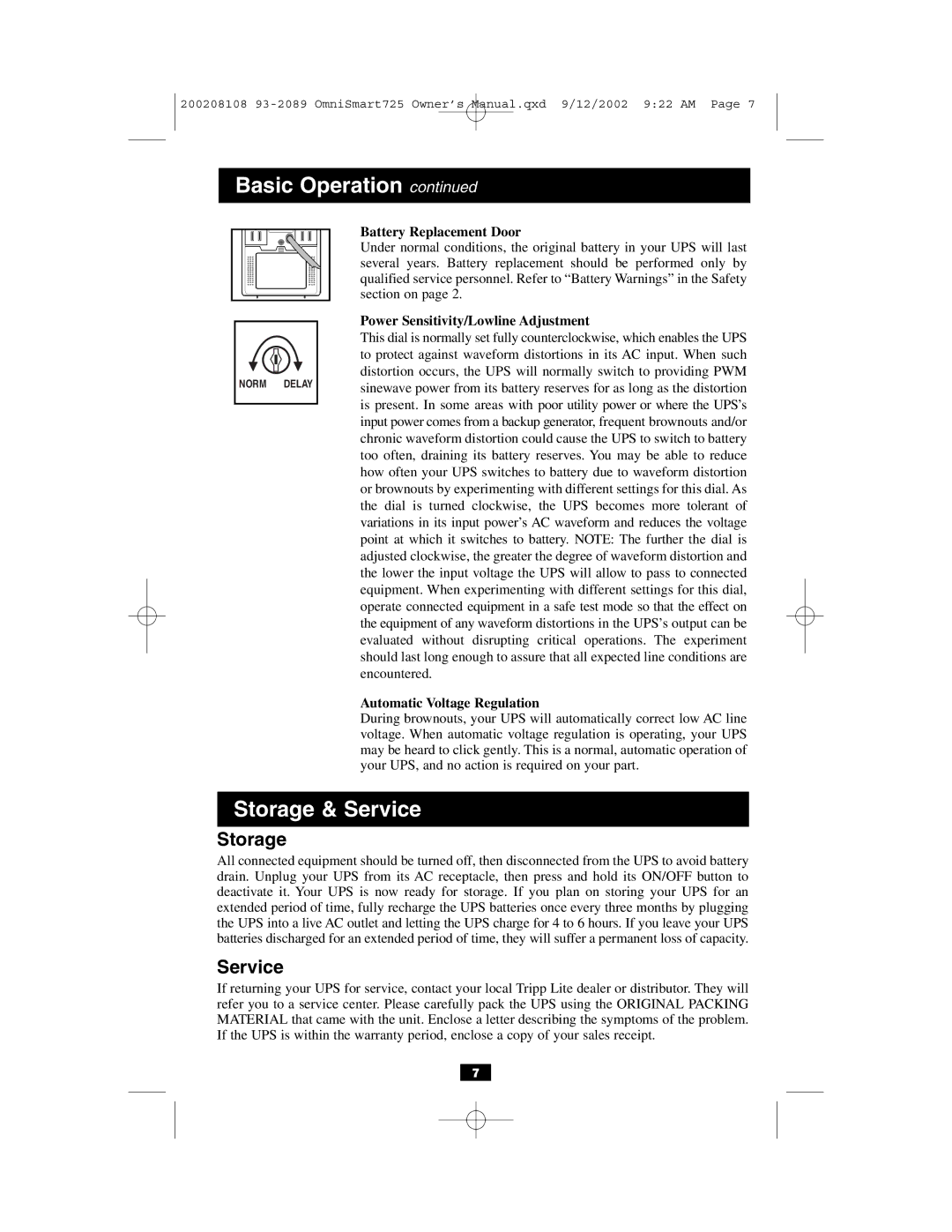 Tripp Lite UL1778 owner manual Storage, Service, Battery Replacement Door, Power Sensitivity/Lowline Adjustment 