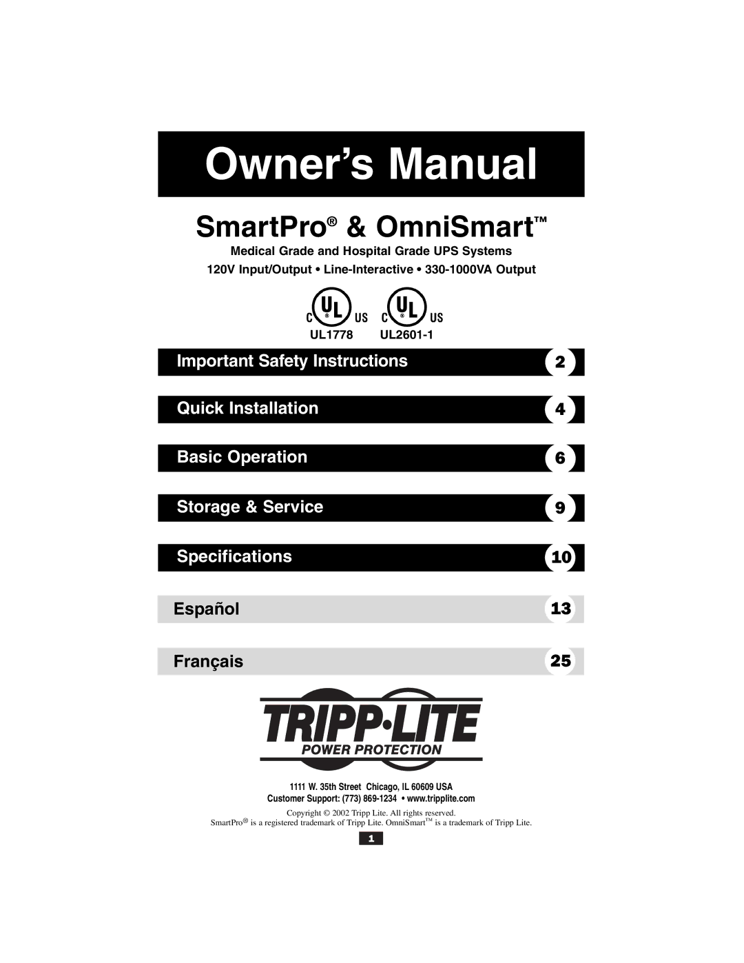 Tripp Lite UL2601-1 owner manual SmartPro & OmniSmart 