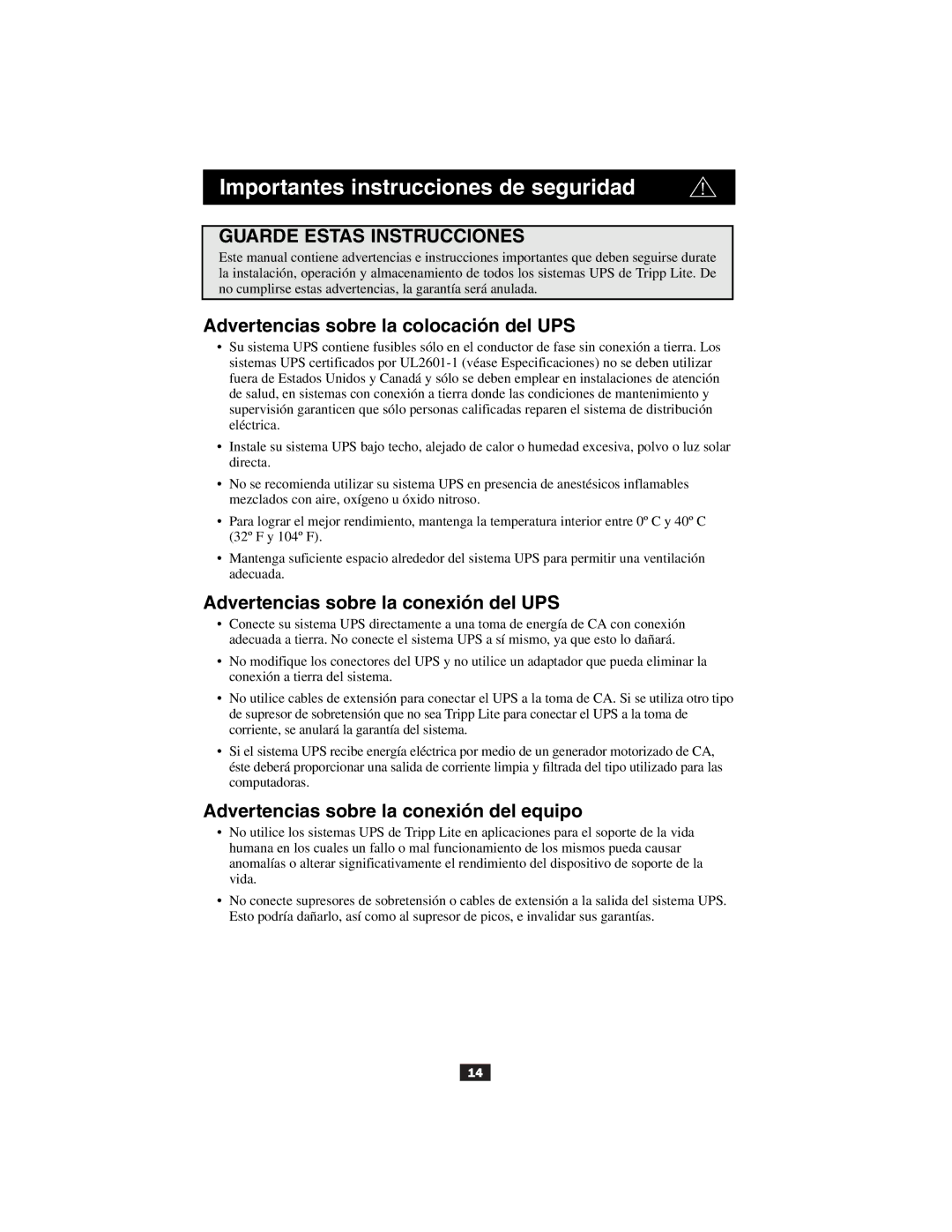 Tripp Lite UL2601-1 owner manual Importantes instrucciones de seguridad, Advertencias sobre la colocación del UPS 