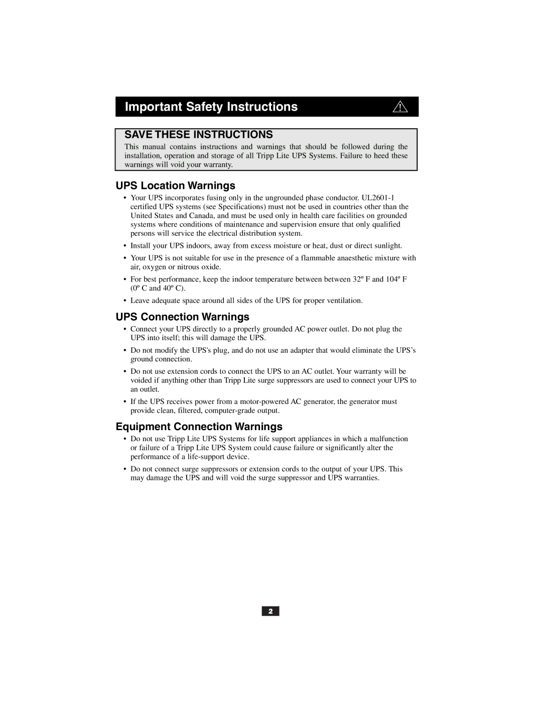 Tripp Lite UL2601-1 owner manual Important Safety Instructions, UPS Location Warnings, UPS Connection Warnings 