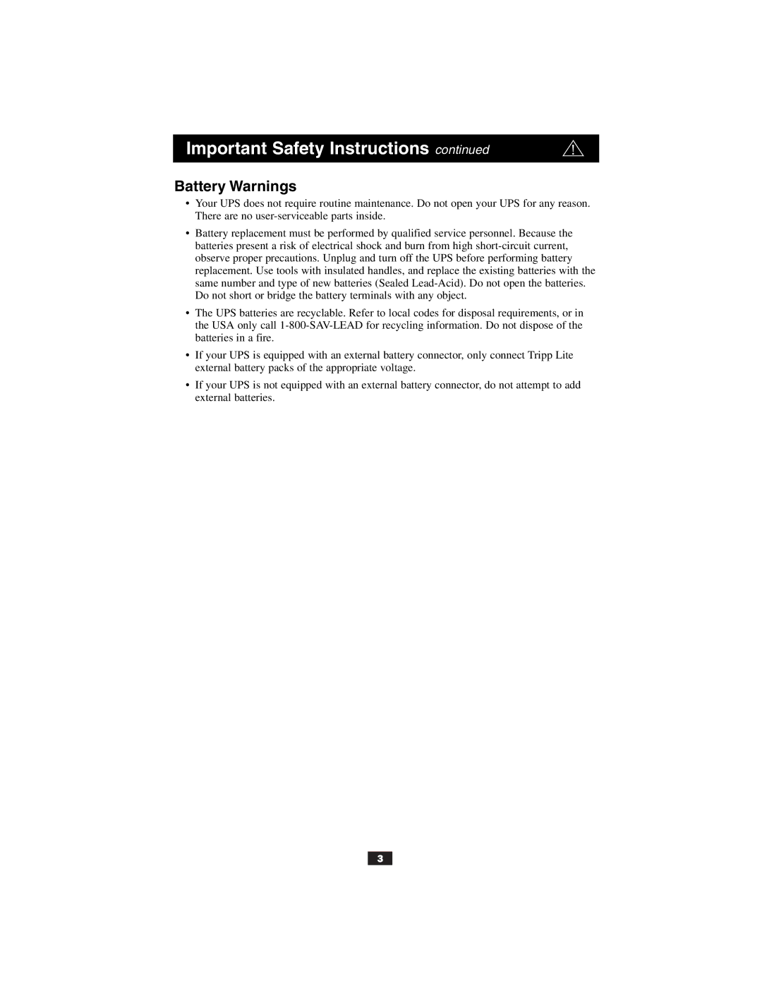 Tripp Lite UL2601-1 owner manual Battery Warnings 