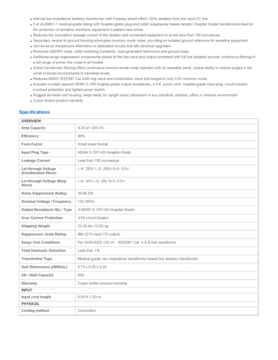 Tripp Lite UL60601-1 warranty Specifications, Overview, Input, Physical 