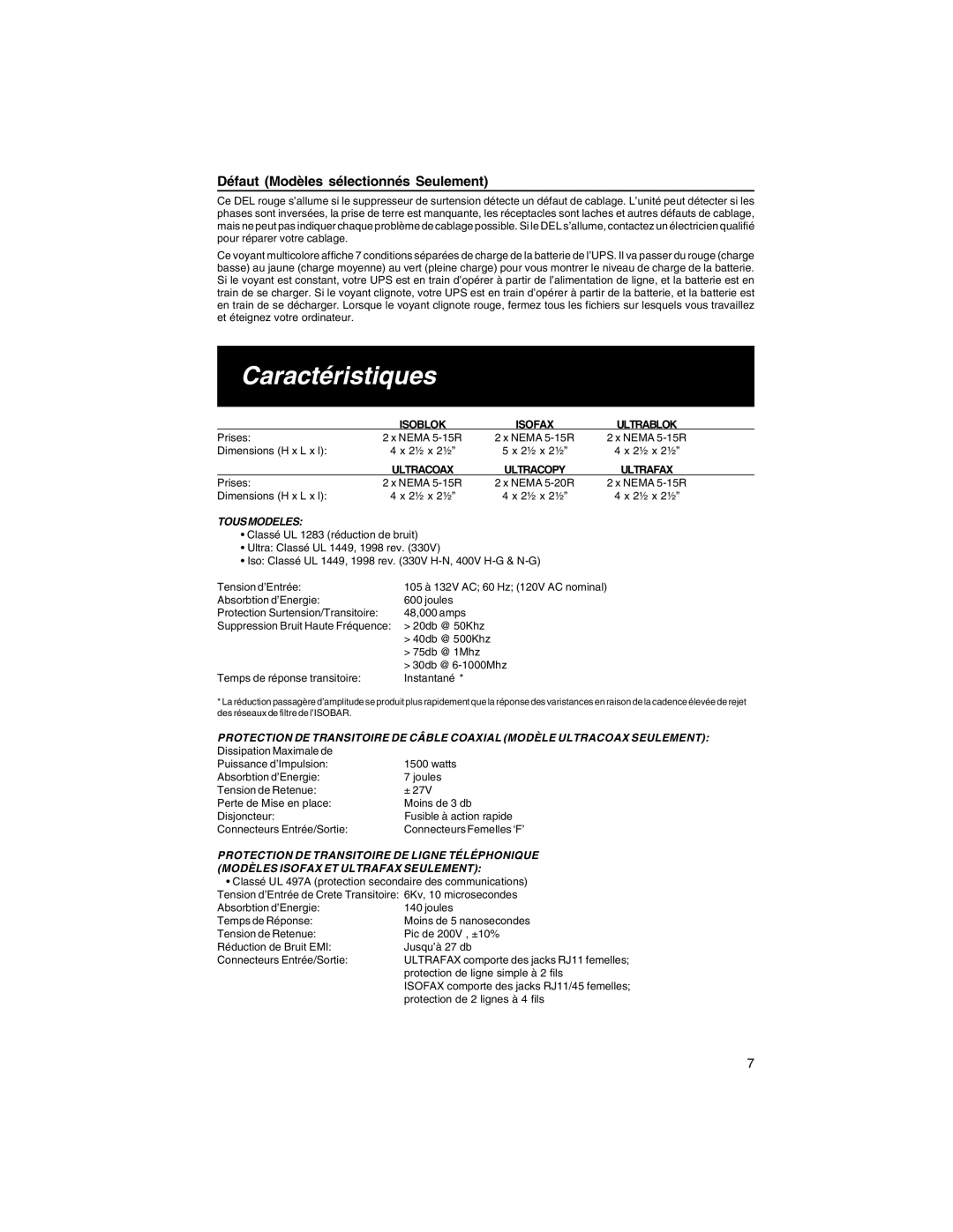 Tripp Lite ULTRAFAX, ULTRACOPY, ISOFAX, ISOBLOK Caractéristiques, Défaut Modèles sélectionnés Seulement, Tousmodeles 