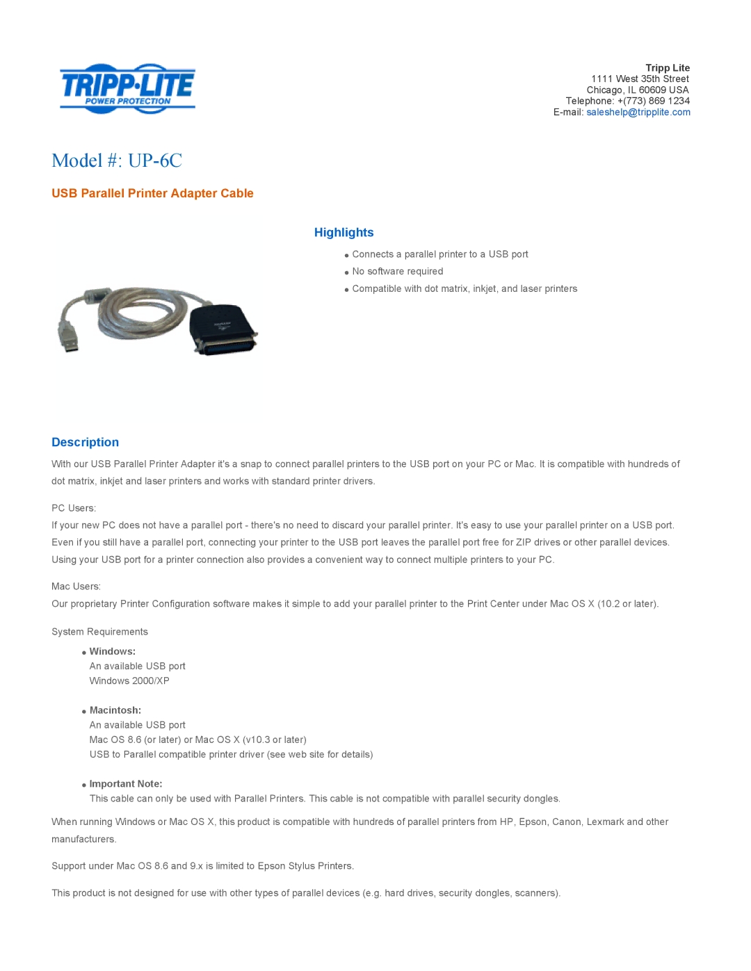 Tripp Lite manual Model # UP-6C, USB Parallel Printer Adapter Cable, Highlights, Description 