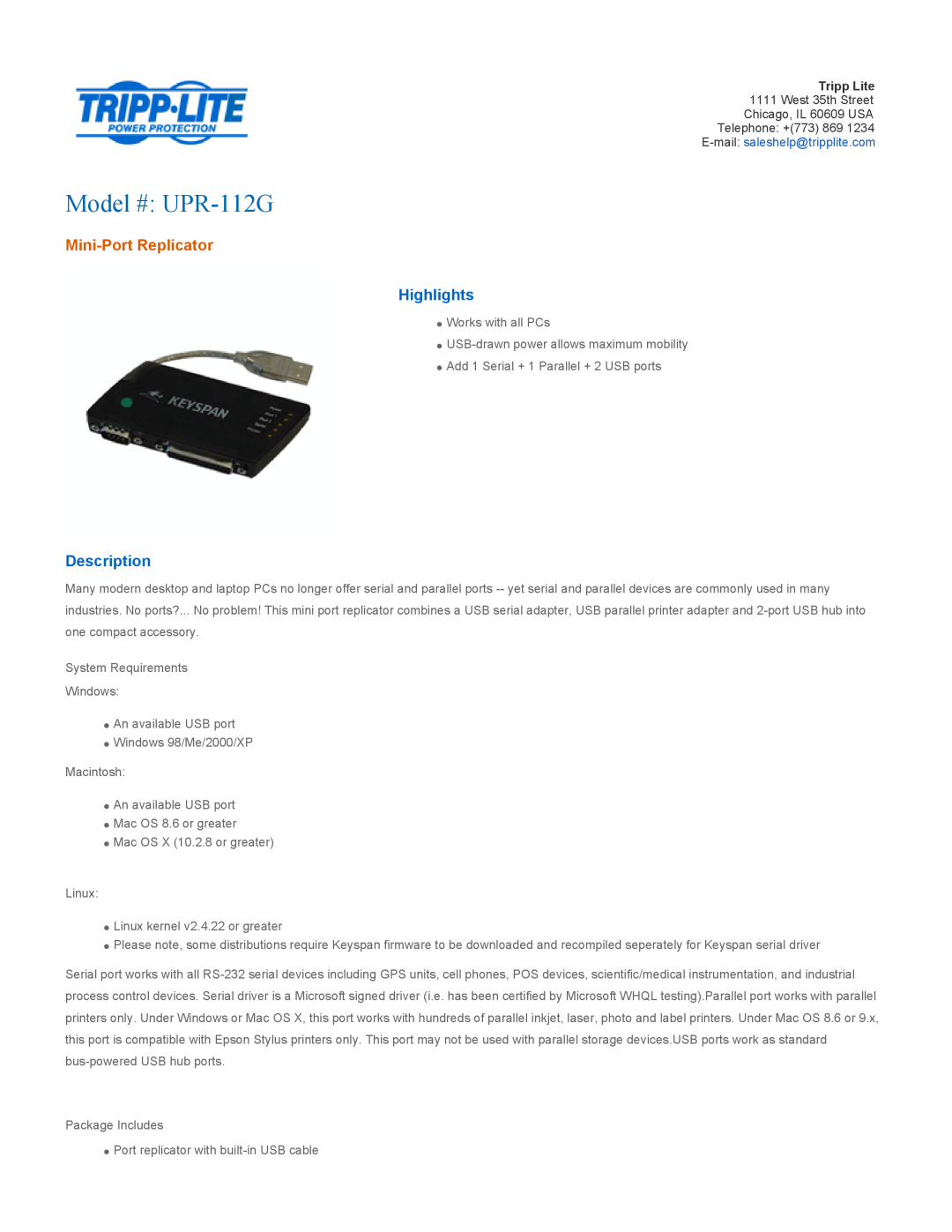 Tripp Lite manual Highlights, Description, Model # UPR-112G, Mini-Port Replicator 