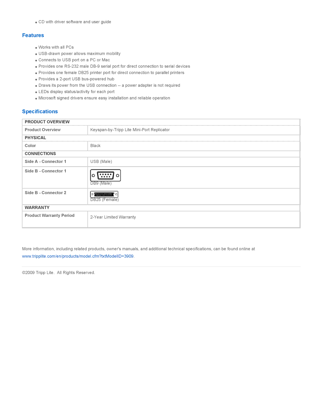 Tripp Lite UPR-112G manual Features, Specifications 