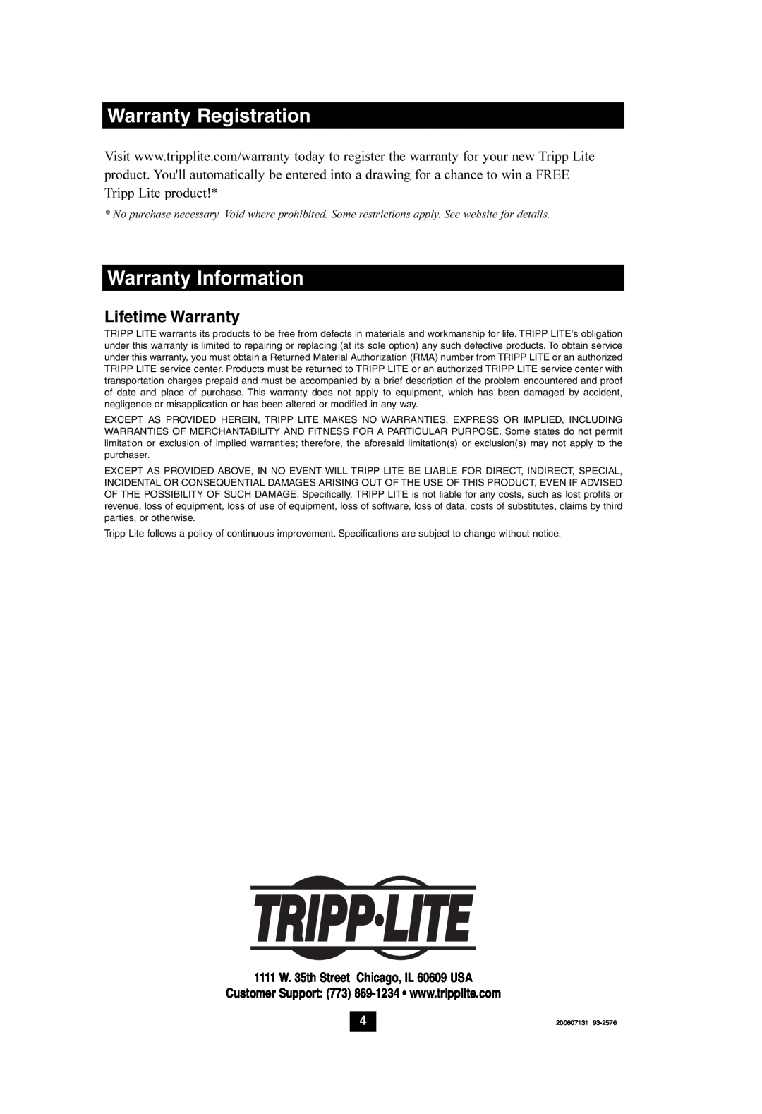 Tripp Lite UPS Communication Cable Kit owner manual Warranty Registration, Warranty Information, Lifetime Warranty 