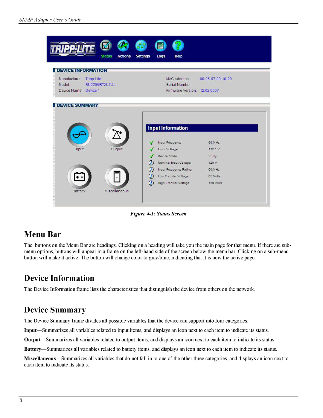 Tripp Lite UPS SNMPWEBCARD instruction manual Menu Bar, Device Information, Device Summary 