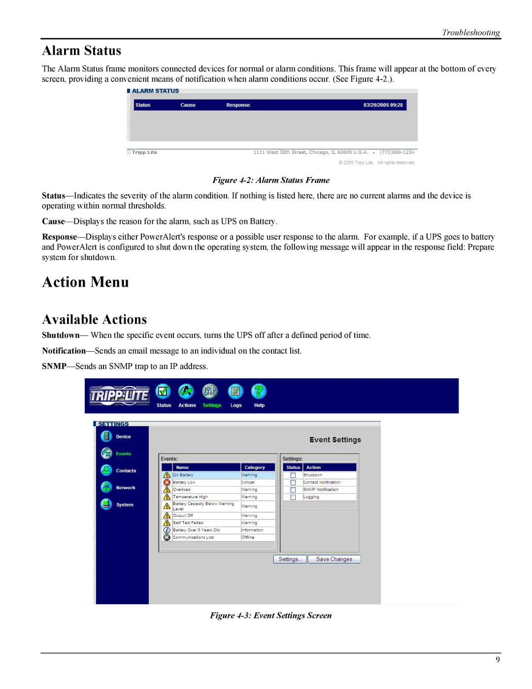 Tripp Lite UPS SNMPWEBCARD instruction manual Action Menu, Alarm Status, Available Actions 