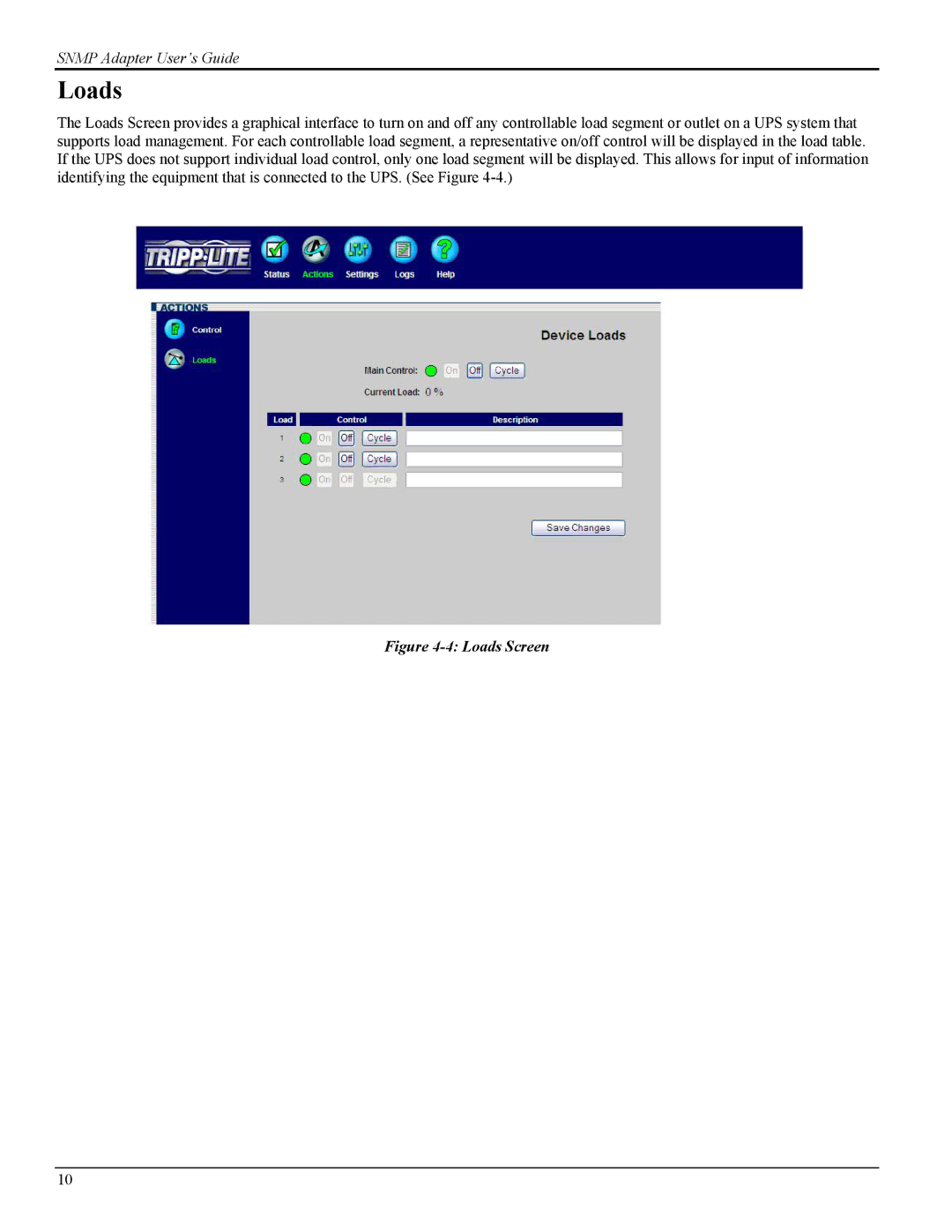 Tripp Lite UPS SNMPWEBCARD instruction manual Loads Screen 