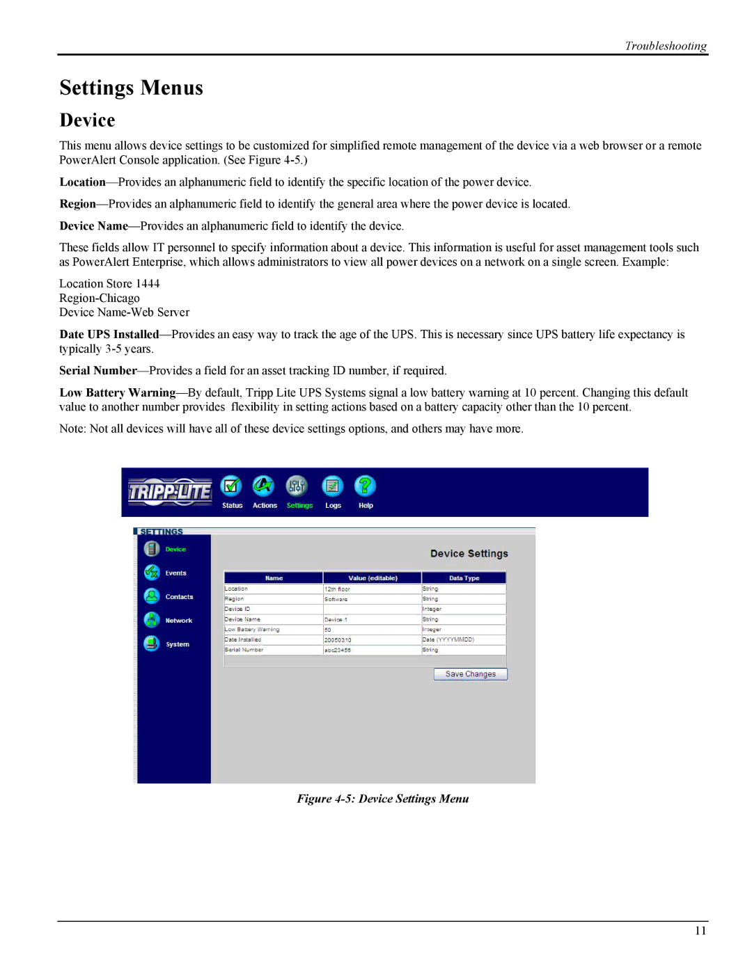 Tripp Lite UPS SNMPWEBCARD instruction manual Settings Menus, Device 