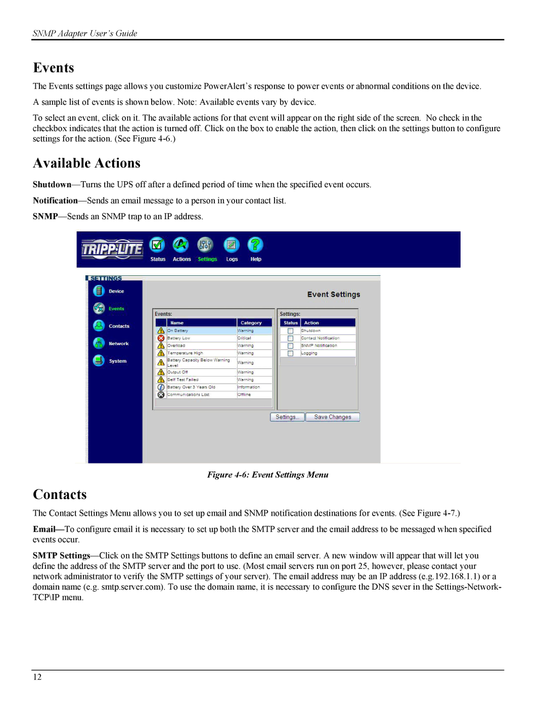 Tripp Lite UPS SNMPWEBCARD instruction manual Events, Contacts 