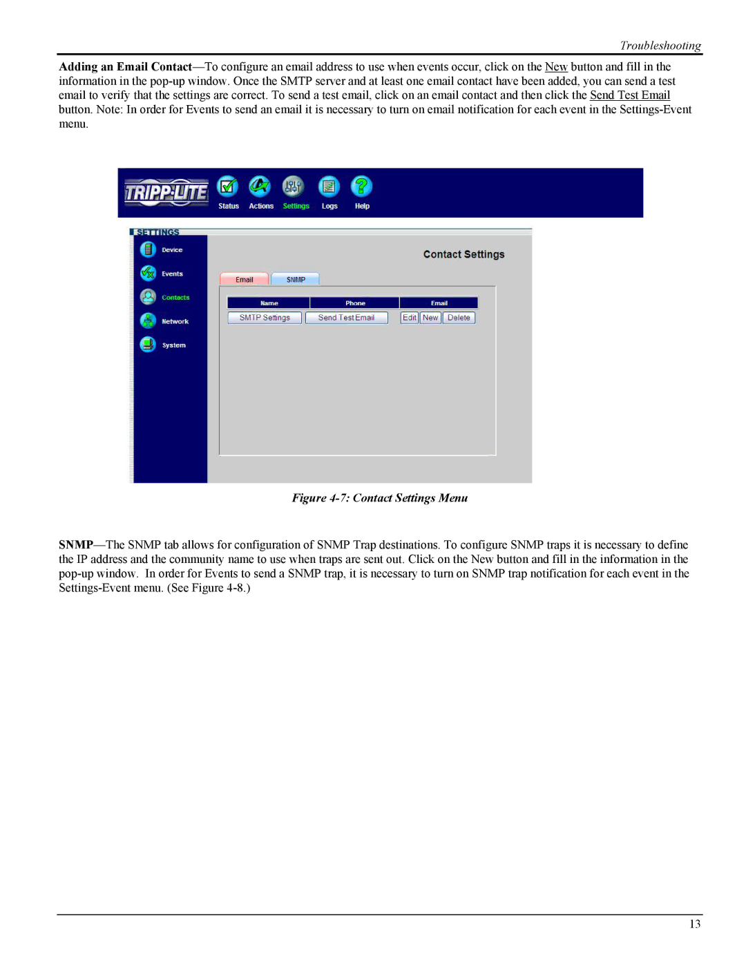 Tripp Lite UPS SNMPWEBCARD instruction manual Contact Settings Menu 