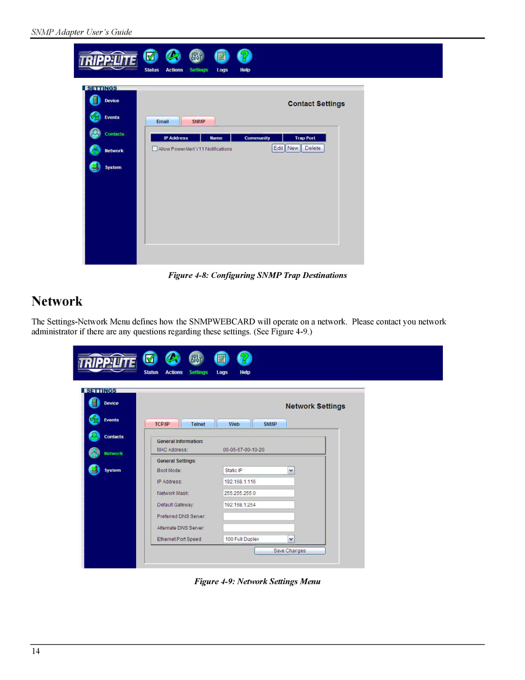 Tripp Lite UPS SNMPWEBCARD instruction manual Network, Configuring Snmp Trap Destinations 