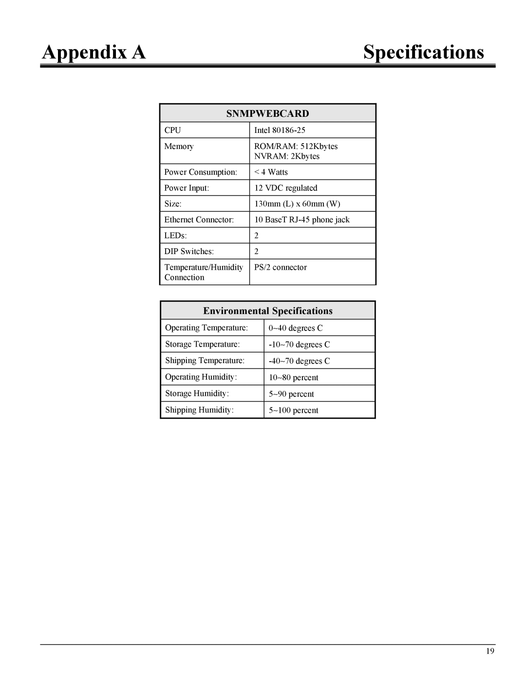 Tripp Lite UPS SNMPWEBCARD instruction manual Appendix a Specifications, Environmental Specifications 