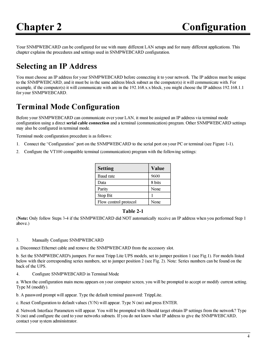 Tripp Lite UPS SNMPWEBCARD Chapter Configuration, Selecting an IP Address, Terminal Mode Configuration, Setting Value 