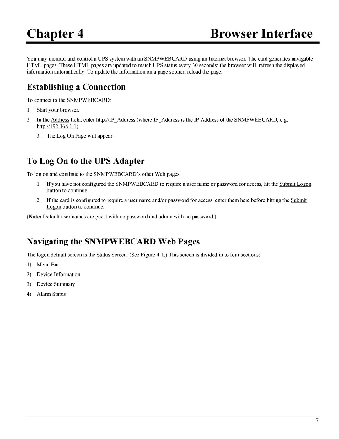 Tripp Lite UPS SNMPWEBCARD Chapter Browser Interface, Establishing a Connection, To Log On to the UPS Adapter 