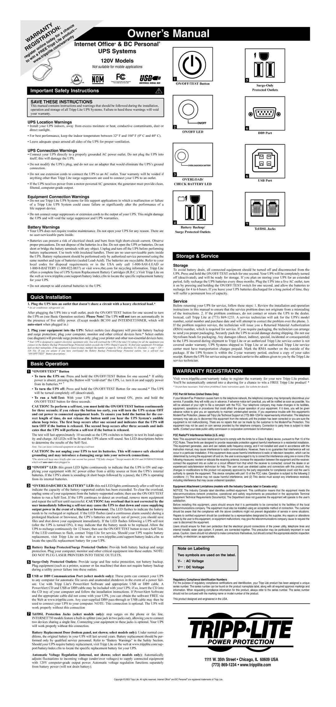 Tripp Lite UPS System warranty UPS Location Warnings, UPS Connection Warnings, Equipment Connection Warnings, Storage 