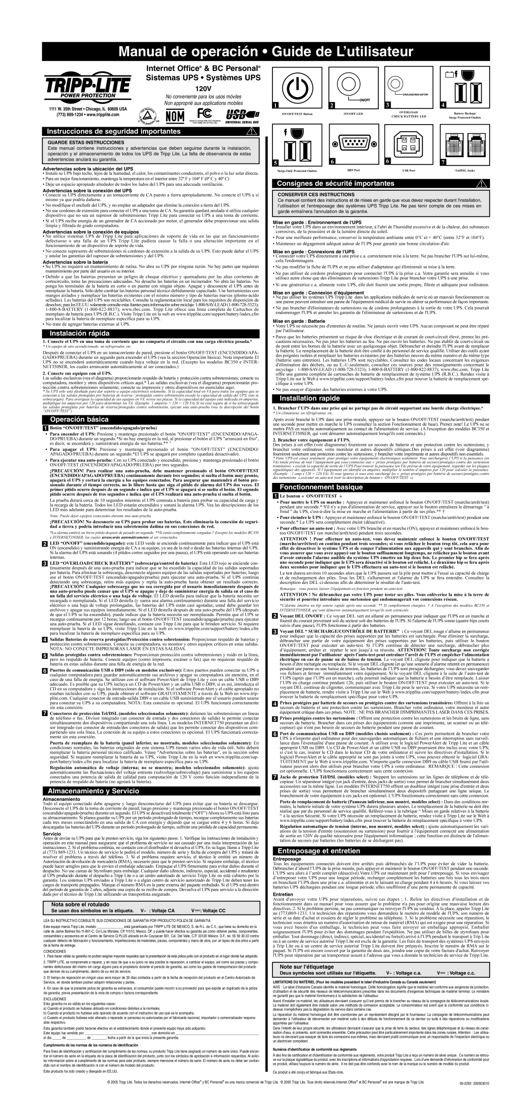 Tripp Lite UPS System Instrucciones de seguridad importantes, Instalación rápida, Operación básica, Installation rapide 