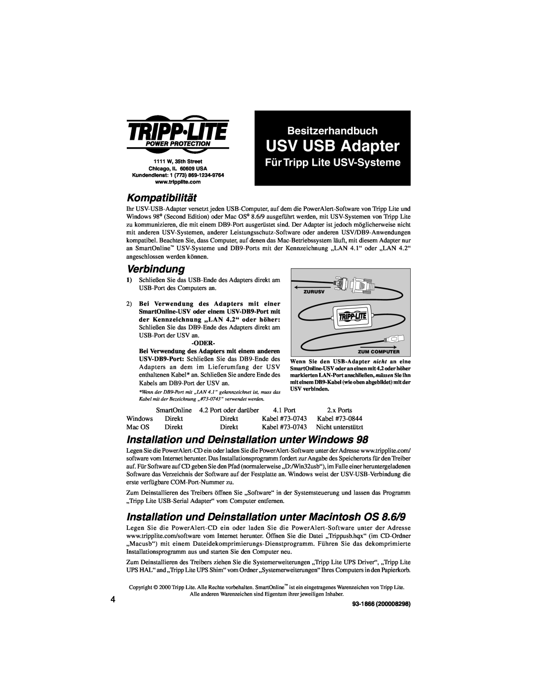 Tripp Lite UPS USB Adapter USV USB Adapter, Besitzerhandbuch, Für Tripp Lite USV-Systeme, Kompatibilität, Verbindung 