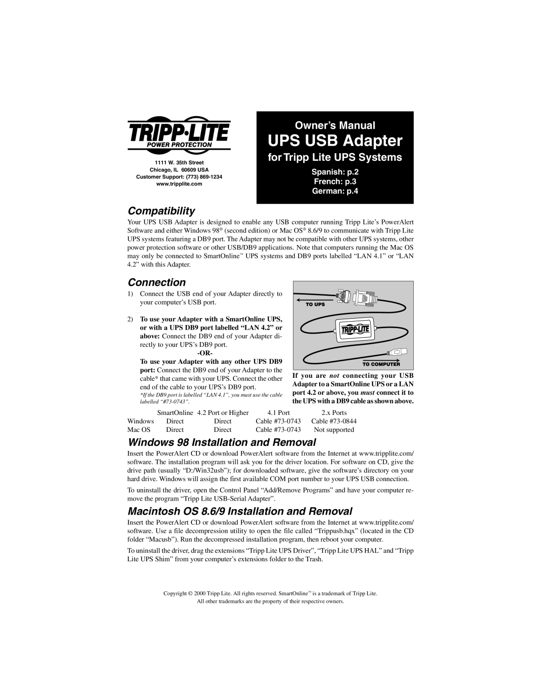 Tripp Lite UPS USB Adapter owner manual Compatibility, Connection, Windows 98 Installation and Removal 