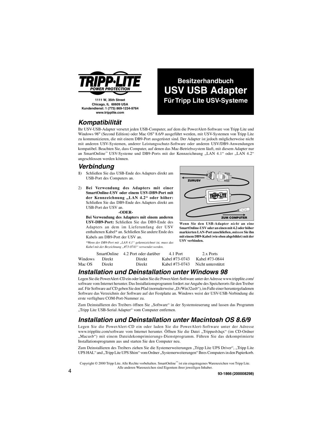 Tripp Lite UPS USB Adapter USV USB Adapter, Kompatibilität, Verbindung, Installation und Deinstallation unter Windows 