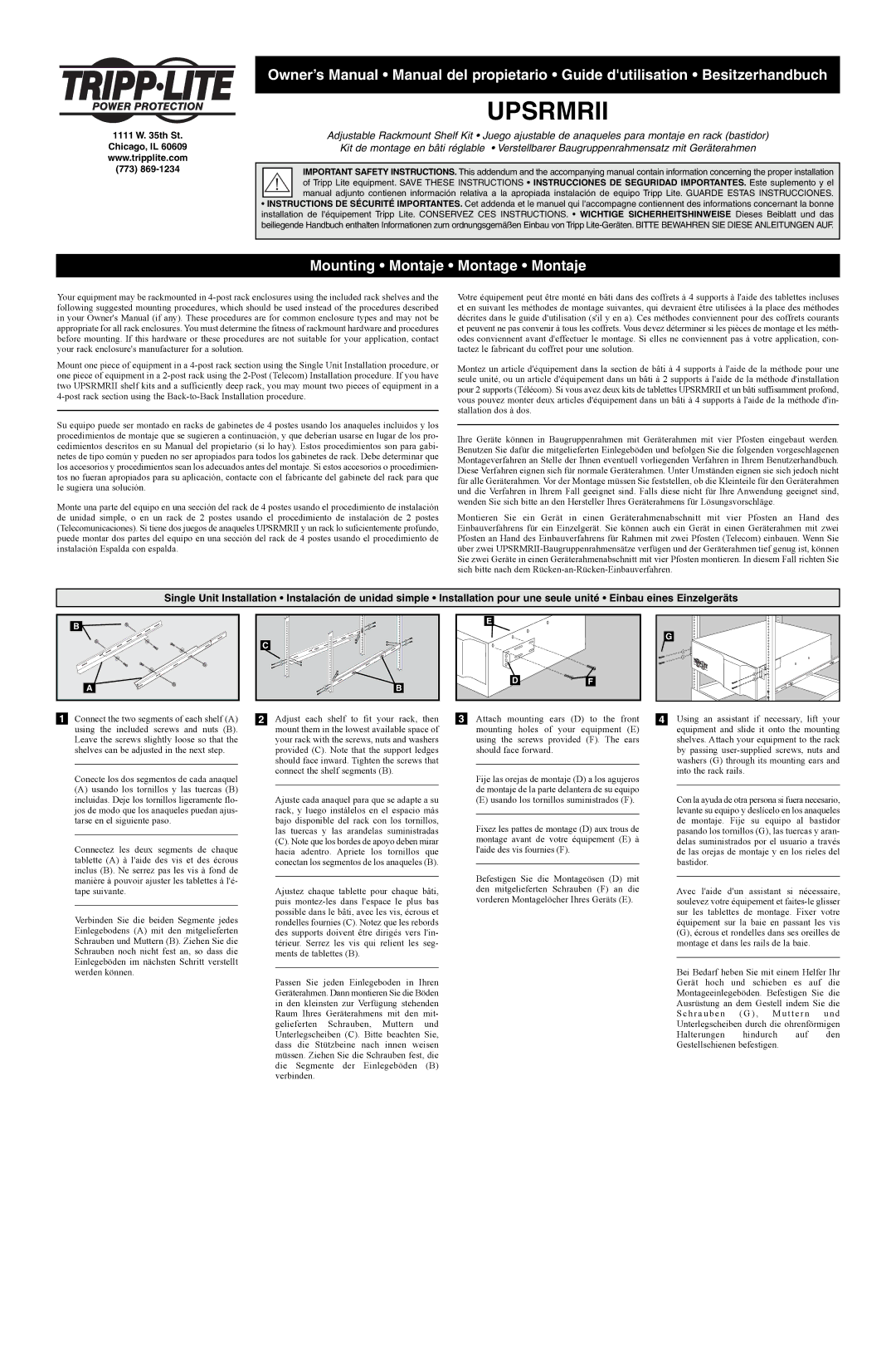 Tripp Lite 93-2150, UPSRMRII, 200305107 owner manual Upsrmrii, Mounting Montaje Montage Montaje 