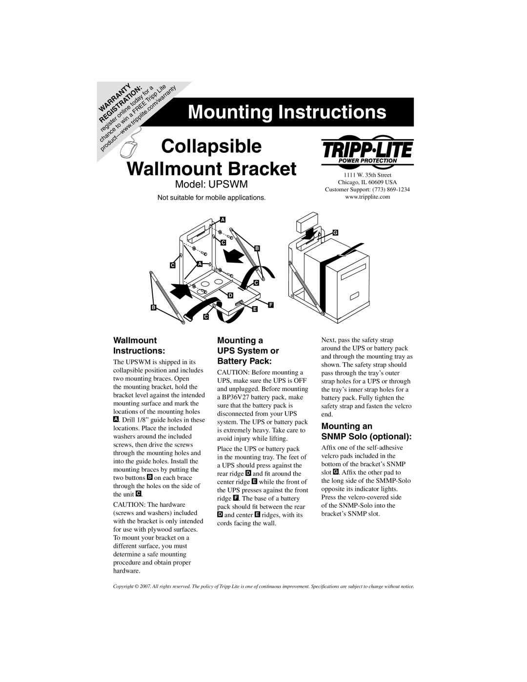 Tripp Lite UPSWM warranty Wallmount Instructions, Mounting a UPS System or Battery Pack, Mounting an Snmp Solo optional 