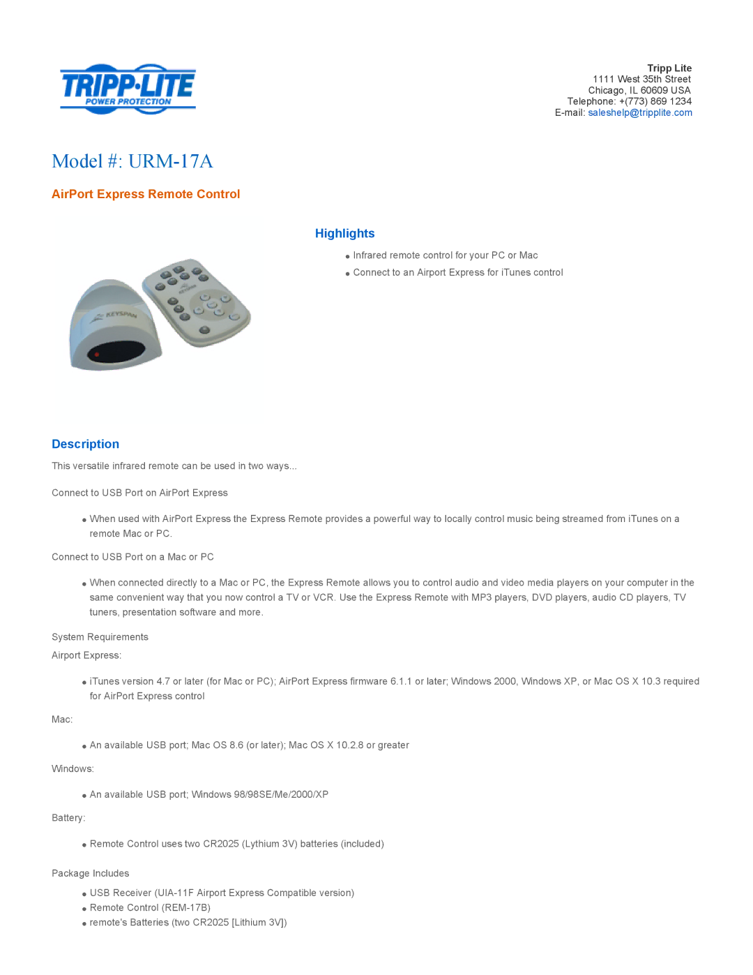 Tripp Lite manual Model # URM-17A, AirPort Express Remote Control, Highlights, Description 