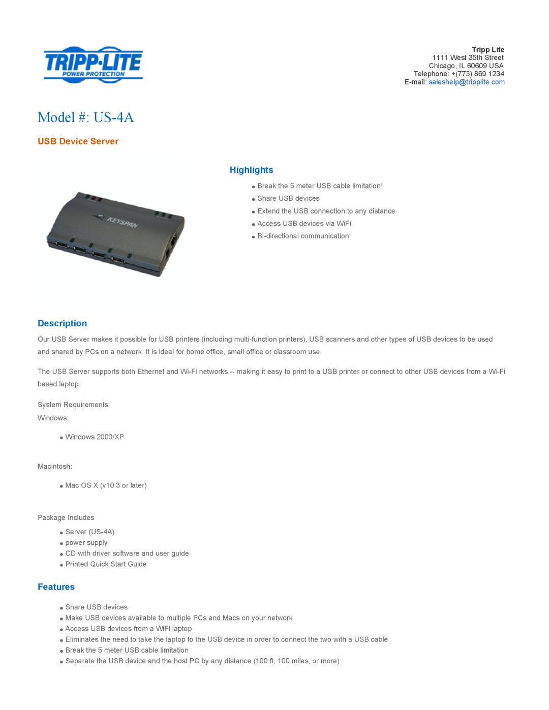 Tripp Lite quick start Highlights, Description, Features, Model # US-4A, USB Device Server 