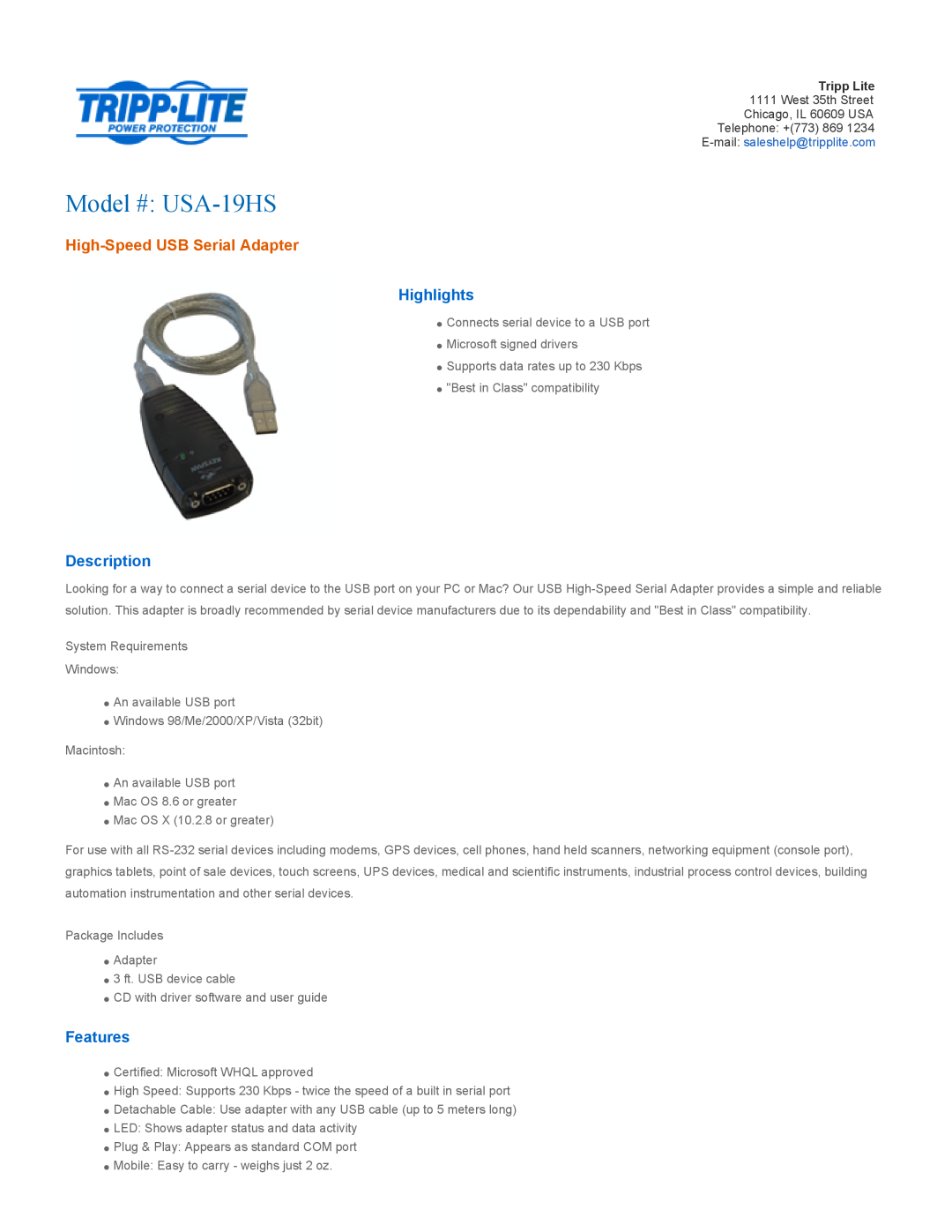 Tripp Lite manual Highlights, Description, Features, Model # USA-19HS, High-Speed USB Serial Adapter 