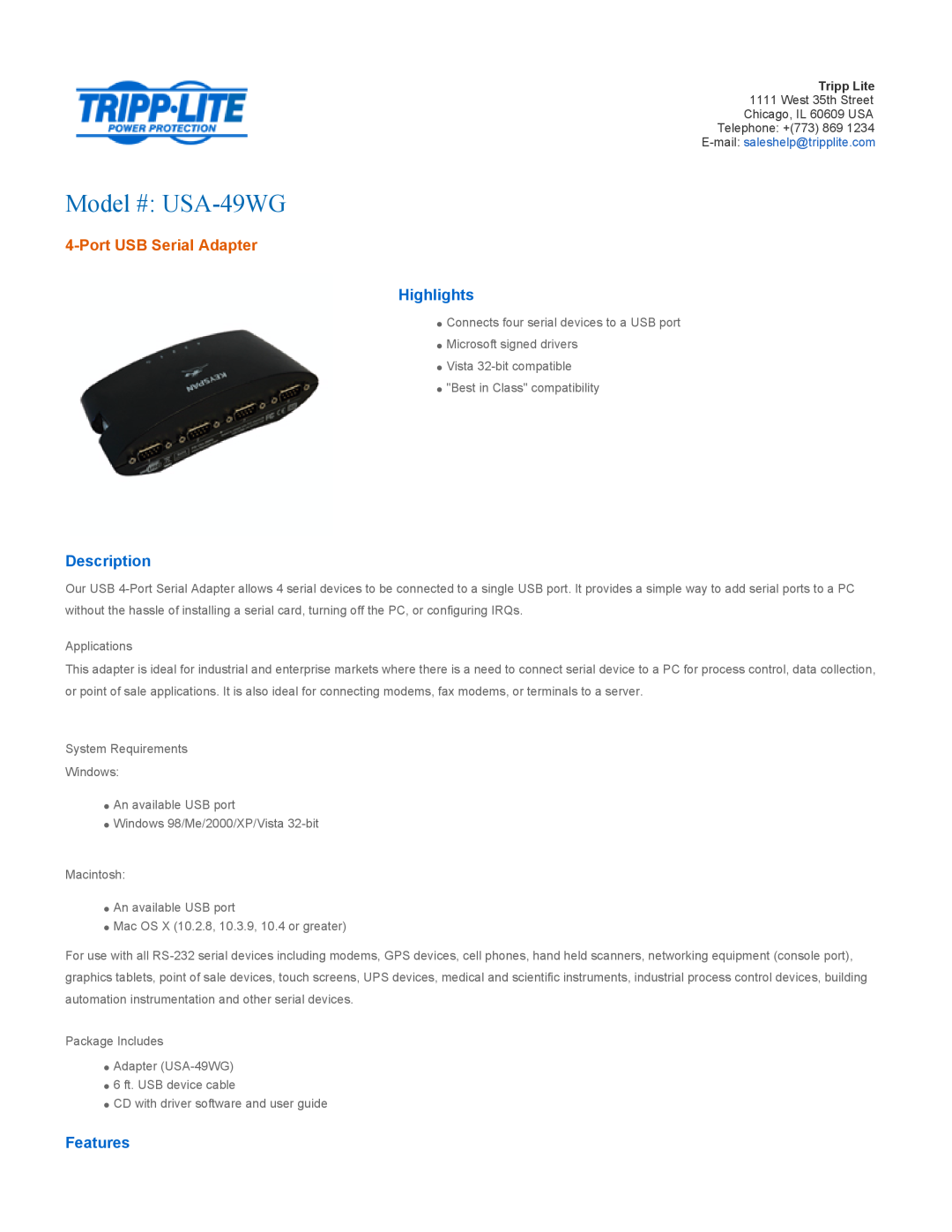 Tripp Lite manual Highlights, Description, Features, Model # USA-49WG, Port USB Serial Adapter 
