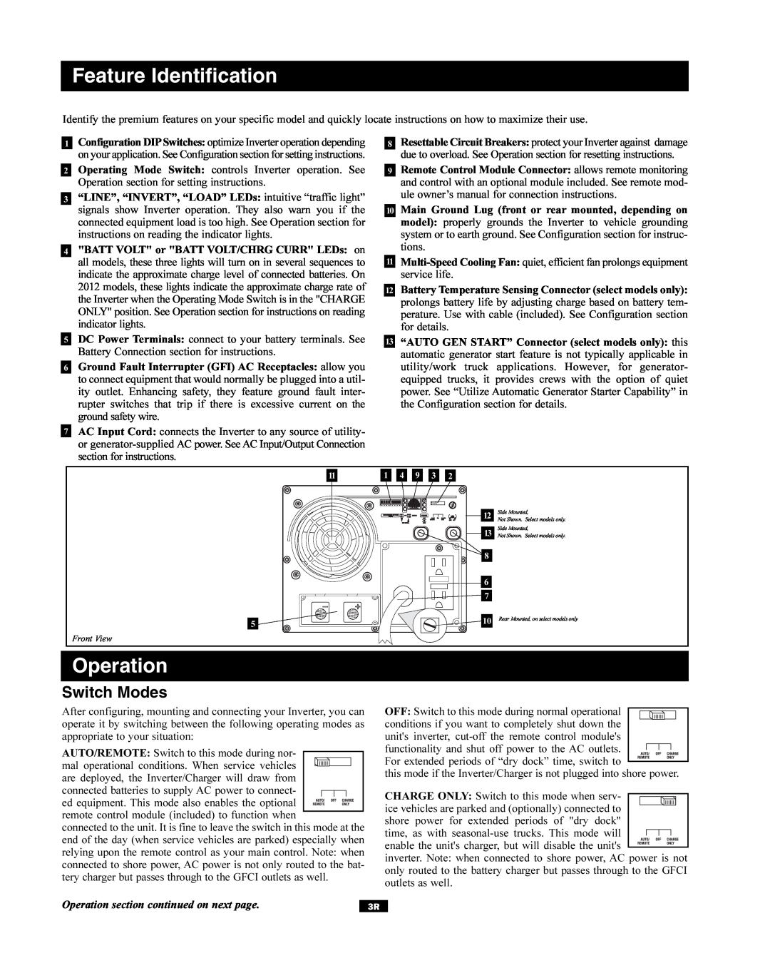 Tripp Lite UT Series owner manual Feature Identification, Switch Modes, Operation section continued on next page 