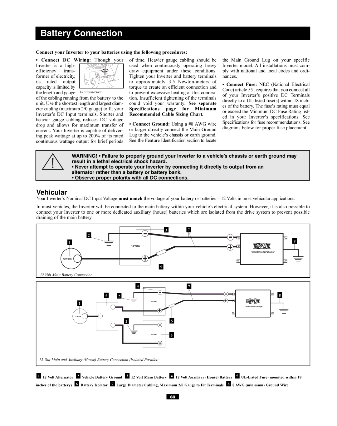 Tripp Lite UT Series owner manual Battery Connection, Vehicular 