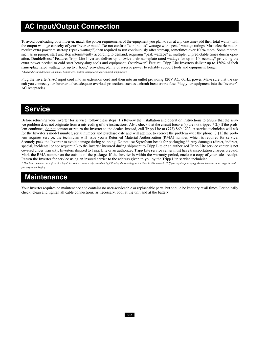 Tripp Lite UT Series owner manual AC Input/Output Connection, Service, Maintenance 