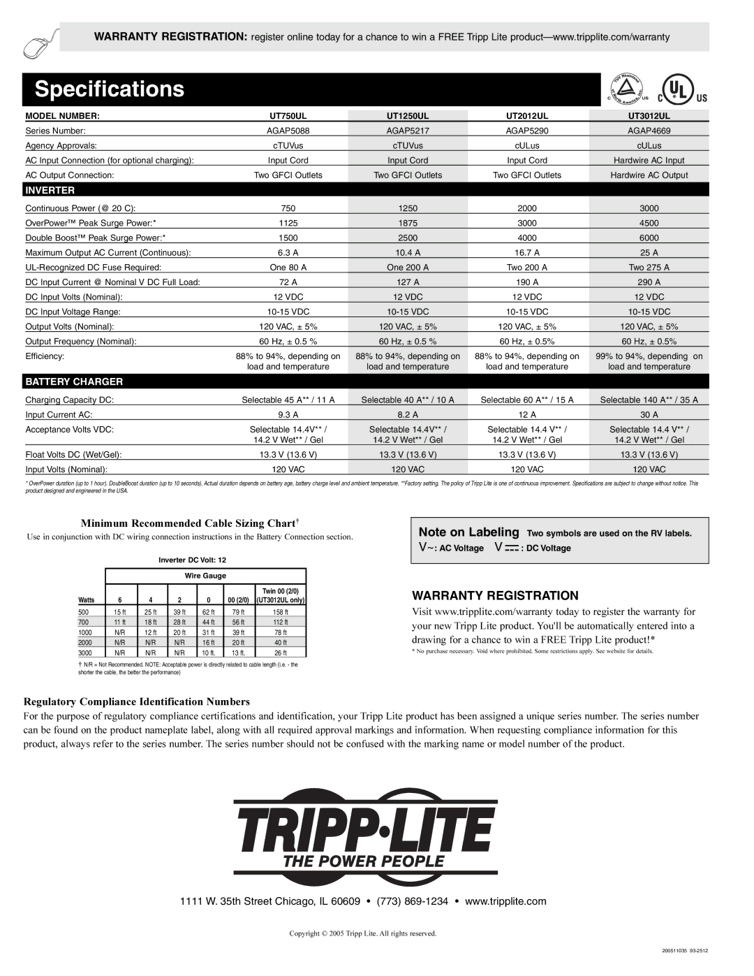 Tripp Lite UT750UL warranty Minimum Recommended Cable Sizing Chart†, Regulatory Compliance Identification Numbers 