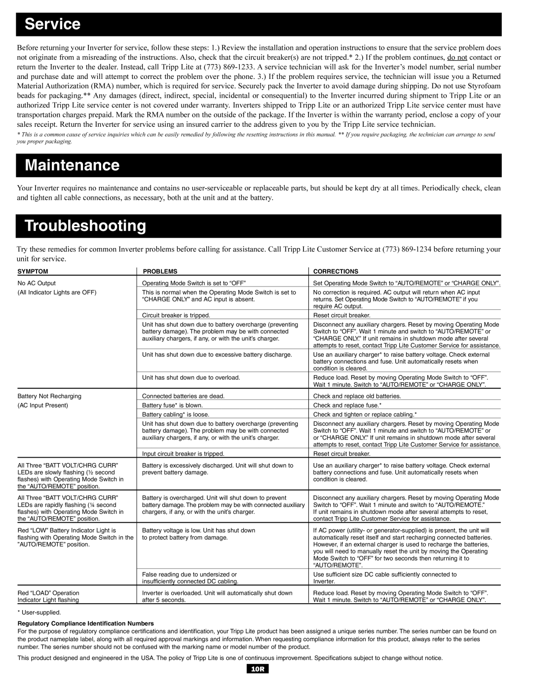 Tripp Lite Utility/ Work Truck DC-to-AC Inverters owner manual Service, Maintenance, Troubleshooting 