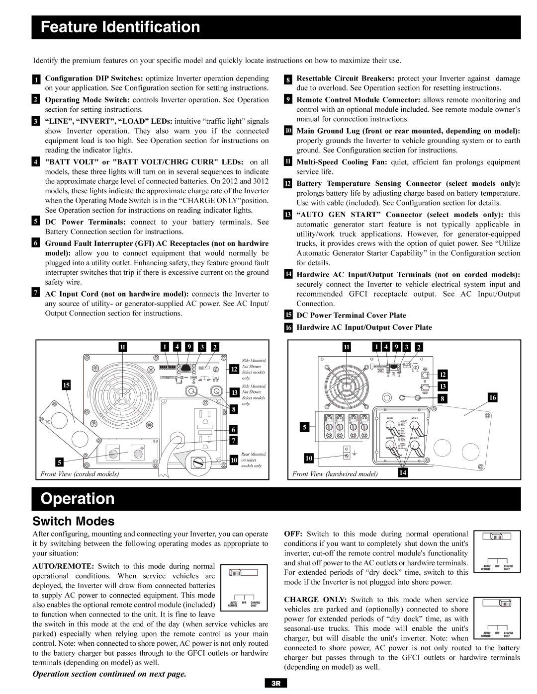 Tripp Lite Utility/ Work Truck DC-to-AC Inverters owner manual Feature Identification, Operation, Switch Modes 