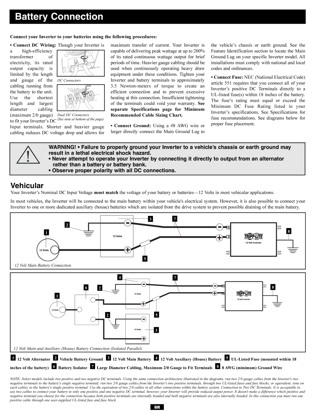 Tripp Lite Utility/ Work Truck DC-to-AC Inverters owner manual Battery Connection, Vehicular 