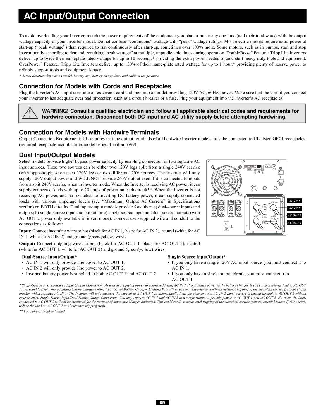 Tripp Lite Utility/ Work Truck DC-to-AC Inverters owner manual AC Input/Output Connection, Dual Input/Output Models 